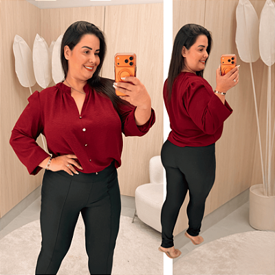 Blusa Manga Botão Vinho Sabrina Plus Size