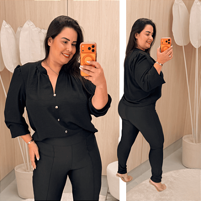Blusa Manga Botão Preta Sabrina Plus Size