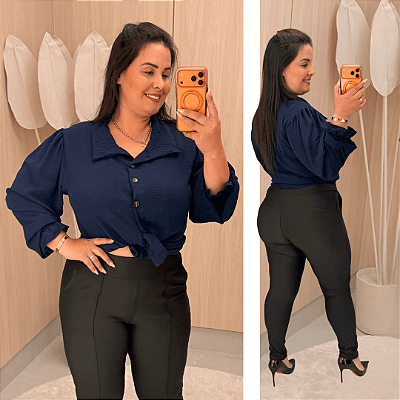Camisa Manga Punho Azul Marinho Plus Size