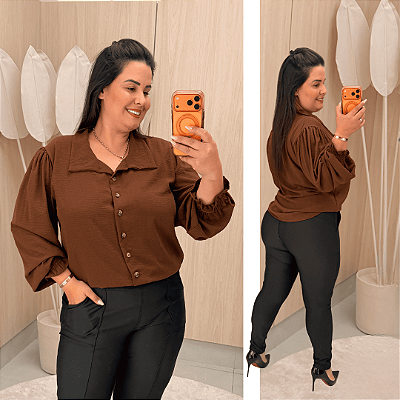 Camisa Manga Punho Marrom Plus Size