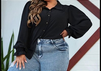 Camisa Manga Punho Preta Plus Size