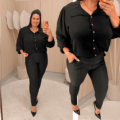 Camisa Manga Punho Preta Plus Size