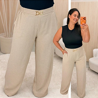 Calça Pantalona Cinto Vip Bege Plus Size