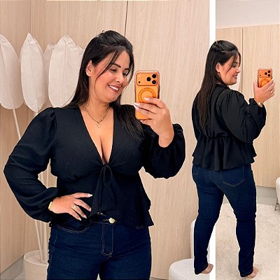 Blusa Manga Lana Batinha Preta Plus Size