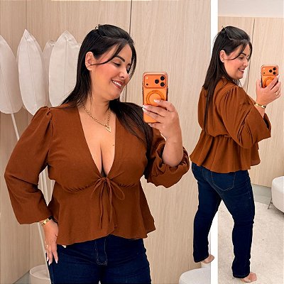 Blusa Manga Lana Batinha Marrom Plus Size