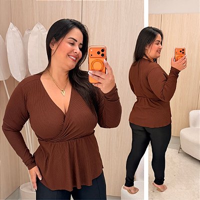 Blusa Manga Longa Pamela Bata Marrom Plus Size