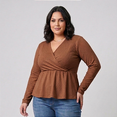 Blusa Manga Longa Pamela Bata Marrom Plus Size