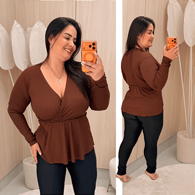 Blusa Manga Longa Pamela Bata Marrom Plus Size