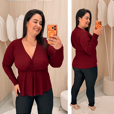 Blusa Manga Longa Pamela Bata Vinho Plus Size