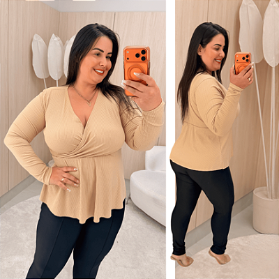 Blusa Manga Longa Pamela Bata Bege Plus Size