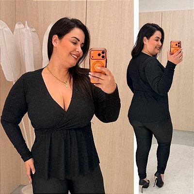 Blusa Manga Longa Pamela Bata Preto Plus Size