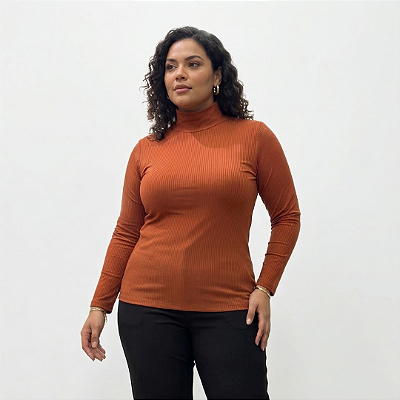 Blusa Manga Olivia Gola Alta Terracota Plus Size
