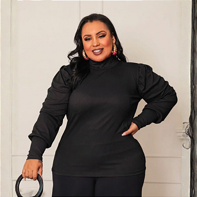Blusa Manga Olivia Gola Alta Preta Plus Size