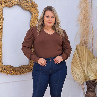 Blusa Manga Ariane Gola V Marrom Plus Size