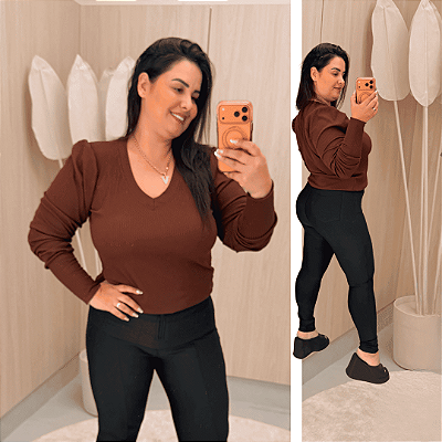 Blusa Manga Ariane Gola V Marrom Plus Size