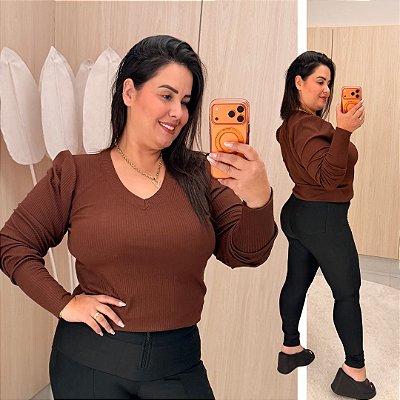 Blusa Manga Ariane Gola V Marrom Plus Size