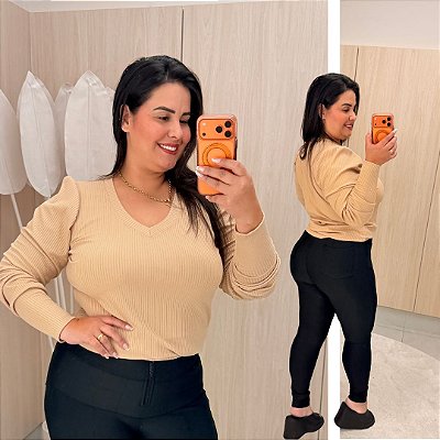 Blusa Manga Ariane Gola V Bege Plus Size