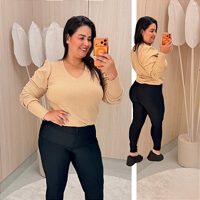 Blusa Manga Ariane Gola V Bege Plus Size