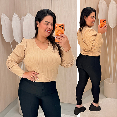 Blusa Manga Ariane Gola V Bege Plus Size