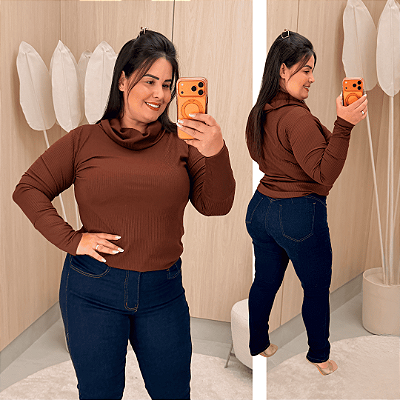 Blusa Manga Lorrana Gola Boba Marrom Plus Size