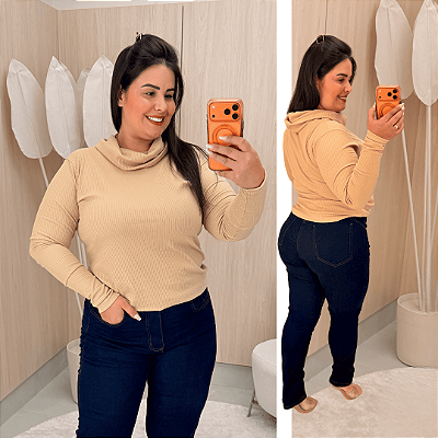 Blusa Manga Lorrana Gola Boba Bege Plus Size