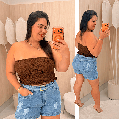 Cropped Tomara que Caia Elastex Marrom Plus Size