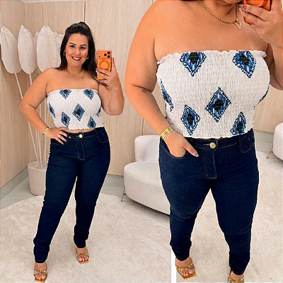 Cropped Tomara que Caia Elastex Geo Branco Azul Plus Size