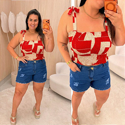 Cropped Elastex Alça Vermelho e Off Plus Size