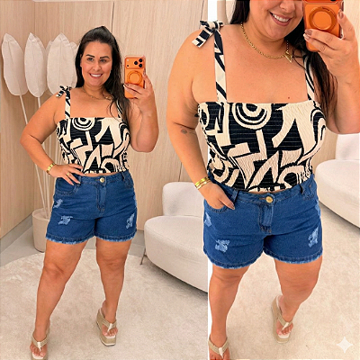 Cropped Elastex Alça Preto e Branco Plus Size