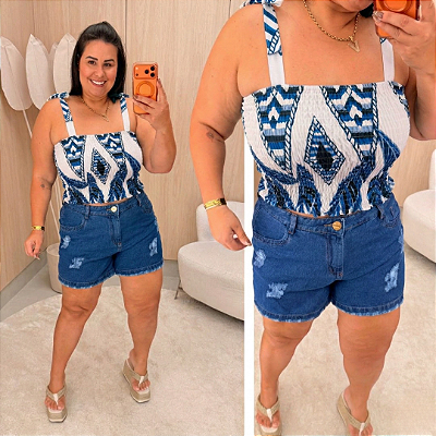 Cropped Elastex Alça Azul Geo Plus Size