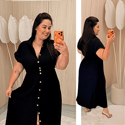Vestido Rebeca Botão Preto Plus Size