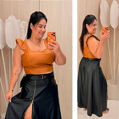 Cropped Corino Flavia Caramelo Babado Plus Size