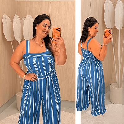 Macacão Pantalona Iria Petróleo Listra Plus Size