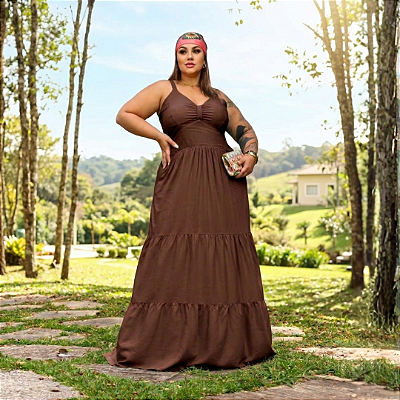 Vestido Helena Alça Marrom Plus Size