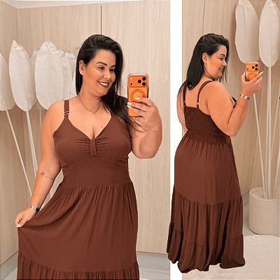 Vestido Helena Alça Marrom Plus Size