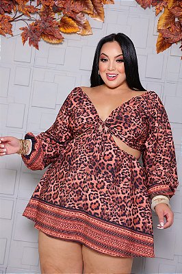 Macaquinho Pamela Manga Onça Plus Size