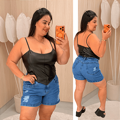 Cropped Priscila Corselet Corino Preto Plus Size