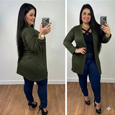 Cardigan Max Canelado Selena Verde Militar Plus Size