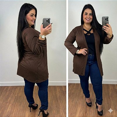 Cardigan Max Canelado Selena Marrom Plus Size