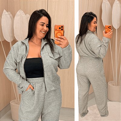 Conjunto Vip Manga Longa Emily Cinza Plus Size