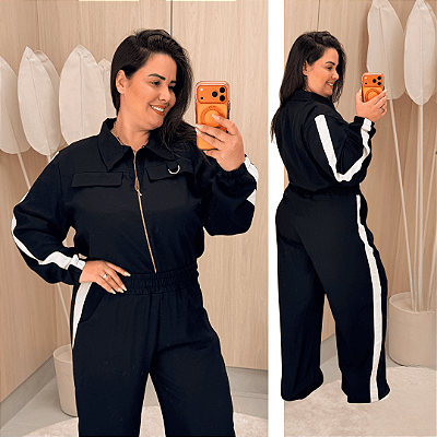Conjunto Manga Listra Naty Preto Plus Size