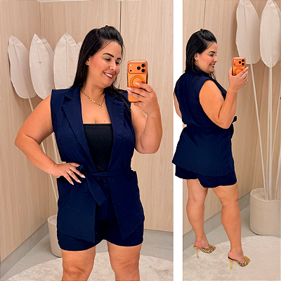 Conjunto Colete Karina Azul Marinho Plus Size