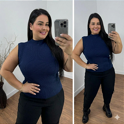 Blusa Alana Garrafinha Modal Azul Marinho Plus Size