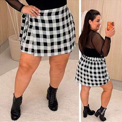Short Saia Babi Xadrez Branco Plus Size