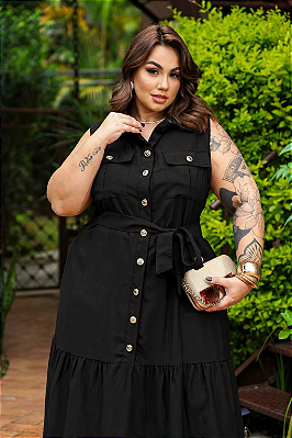 Vestido Nanda Botão Preto Plus Size