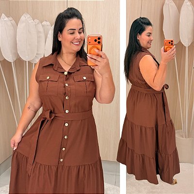 Vestido Nanda Botão Marrom Plus Size