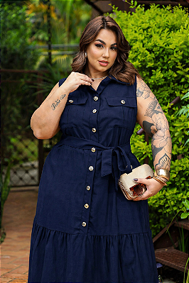 Vestido Nanda Botão Azul Marinho Plus Size