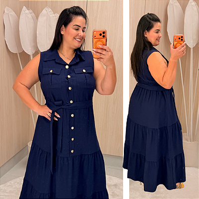 Vestido Nanda Botão Azul Marinho Plus Size