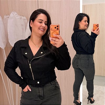 Jaqueta Fabi Preto Suede Plus Size