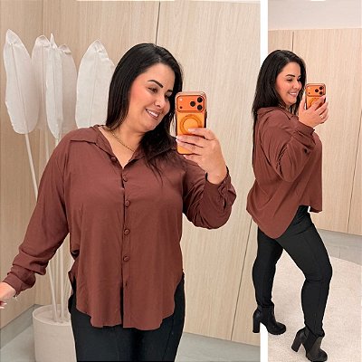 Camisa Manga Mullet Marrom Plus Size